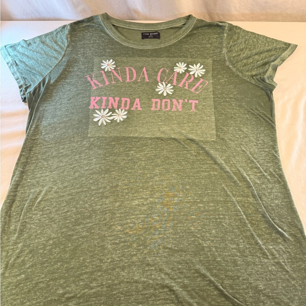 Lane Bryant Olive T-Shirt with Pink and White Design - 069